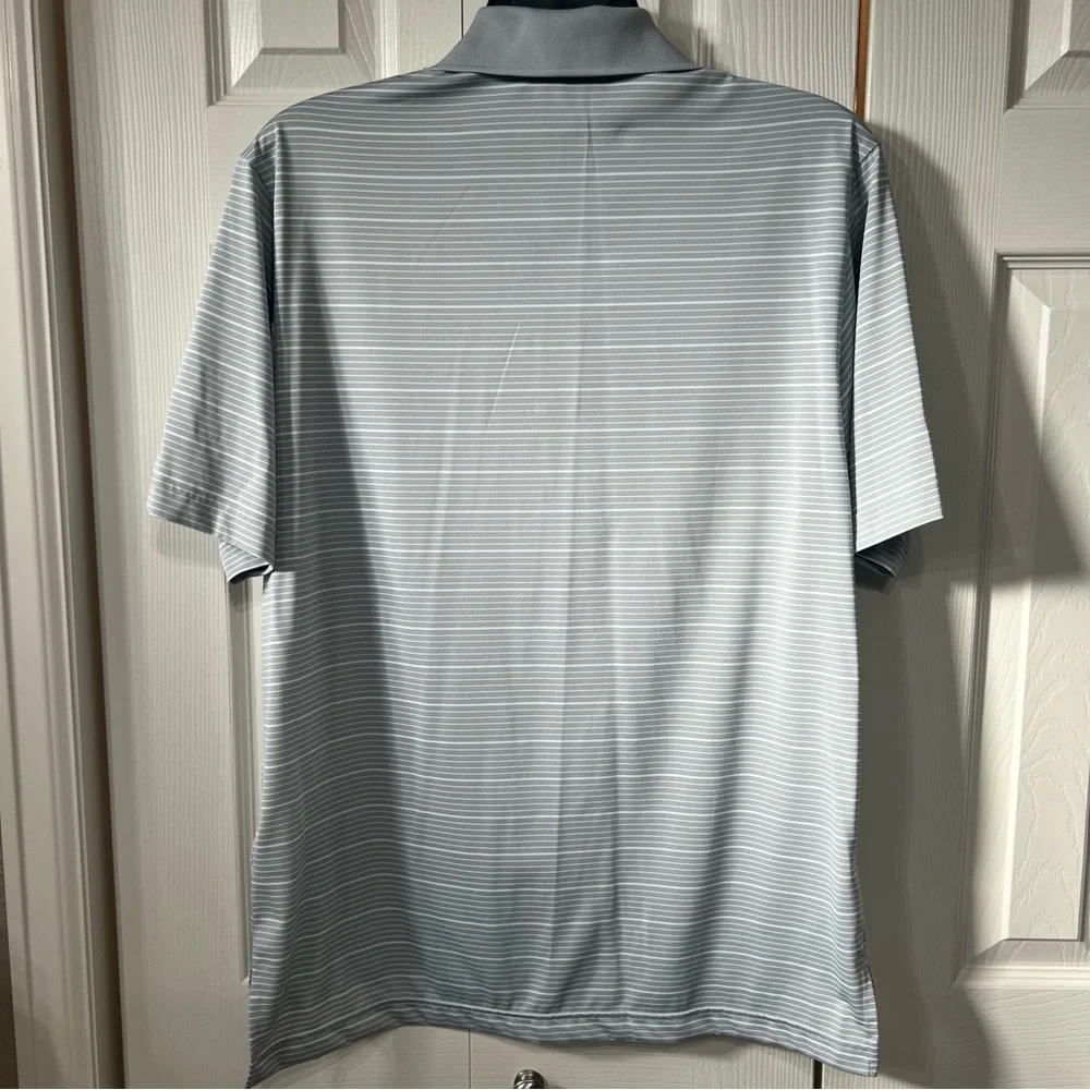 Adidas Men’s M Light Gray Striped ClimaLite Golf Polo Shirt with logo activewear